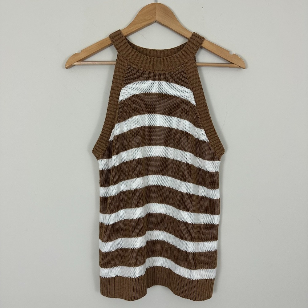 Old Navy Shaker-Stitch Crop Sweater Brown Striped Sleeveless Halter Womens Large